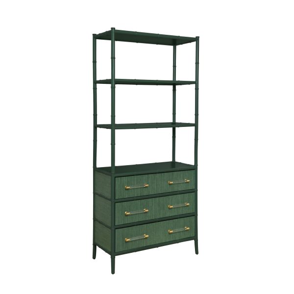 Flynn Green Grasscloth & Matte Lacquer Three Drawer Etagère For Cheap