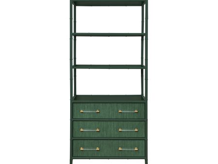 Flynn Green Grasscloth & Matte Lacquer Three Drawer Etagère For Cheap