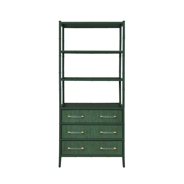 Flynn Green Grasscloth & Matte Lacquer Three Drawer Etagère For Cheap