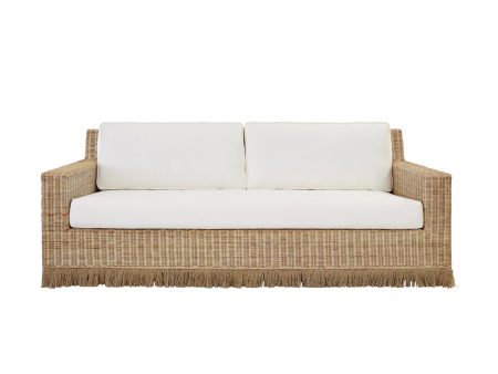 Tenny Lawson-style Rattan & Ivory Linen Sofa with Fringed Skirt Cheap