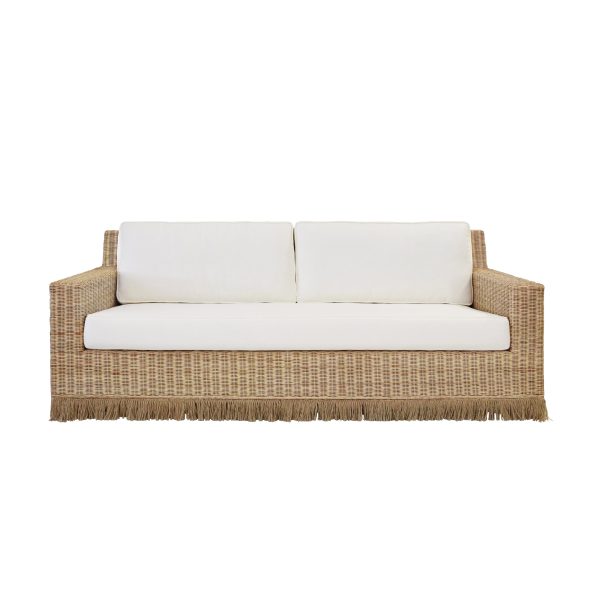 Tenny Lawson-style Rattan & Ivory Linen Sofa with Fringed Skirt Cheap