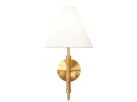 Sylvia Rattan & Brass Rechargeable Wall Sconce with White Linen Shade Online Sale