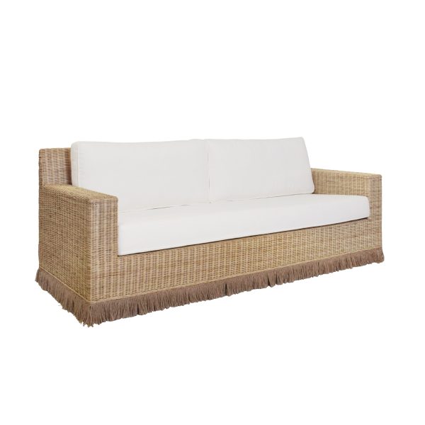 Tenny Lawson-style Rattan & Ivory Linen Sofa with Fringed Skirt Cheap