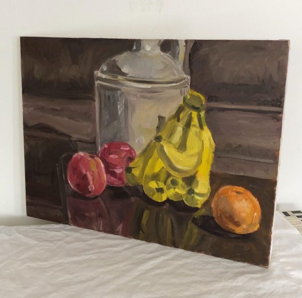 Still Life with Jug and Bananas, Oil Painting on Canvas (c.1990) by Hans Petrich For Cheap