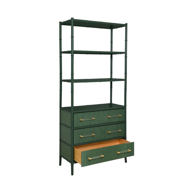 Flynn Green Grasscloth & Matte Lacquer Three Drawer Etagère For Cheap